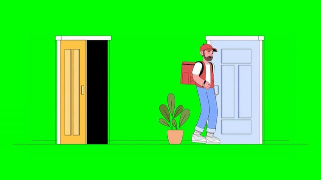 2D Animated Cartoon Deliveryman Coming Out of Yellow Door Carrying a Backpack Knocking on Blue Door With Plant on the Side at Residential on Green Background.