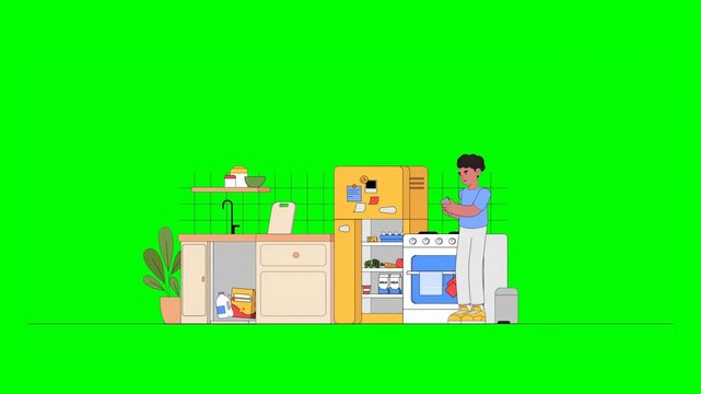 2D Animated Man Standing in Kitchen Ordering Food and Household Items on Phone With Appliances and Furnishings Visible on Green Background.