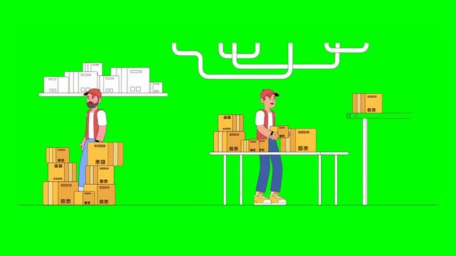 2D Cartoon Warehouse Workers Sorting and Organizing Parcels Boxes on Floor and Table on Green Background.