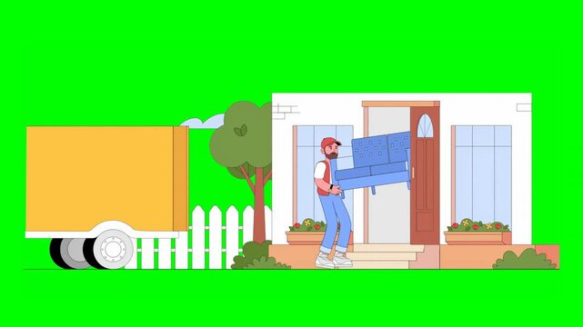 2D Animated Cartoon Workers Transporting Furniture From Delivery Truck Into House in Urban Area on Green Background