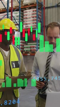 Vertical video: Mgr scanning and pointing in warehouse, worker noting checking stock, charts rising