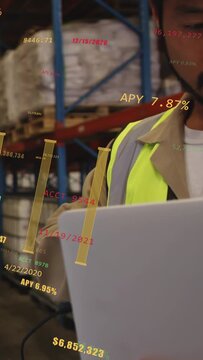 Vertical video: Warehouse worker reacting to AR finance prompt, scanning IBCs, reconciling stock