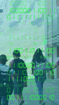 Vertical video: Kids stepping off walking toward mountain on school binary overlay moving over them