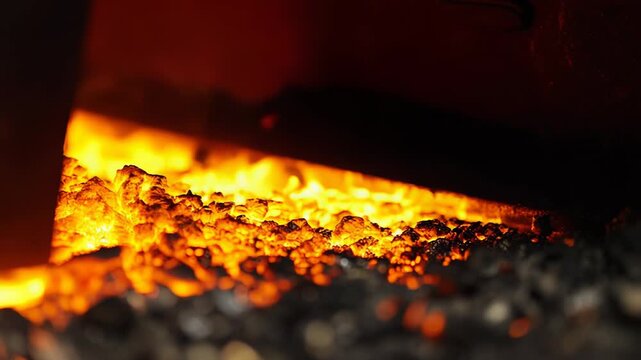 Hot glowing embers and roaring orange yellow flames in a dark forge, radiating intense heat and molten light around coal and metal in an industrial foundry setting