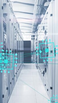 Vertical video: Turquoise overlay fading in, animating racks, connecting to panel, showing network