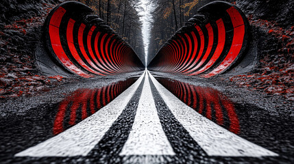 Fototapeta premium Abstract background of wet asphalt racing road with red symmetrical noise absorber ribs on the sides. Racing, road marking, sound barrier concept. Surreal landscape for wallpaper