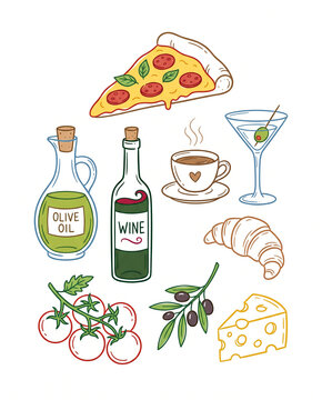 Food doodle illustration set with pizza, olive oil cruet, wine bottle, martini glass, coffee cup, vine tomatoes, croissant, olive branch and swiss cheese, colorful hand drawn sketch, minimalist vector