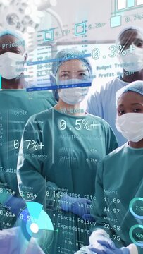 Vertical video: OR crew surrounding patient on start, AR finance charts updating over field for ROI