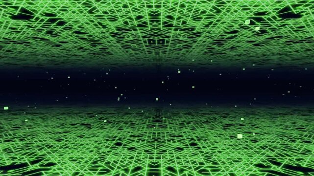 High quality 4K seamless abstract background. Features a matrix green glowing digital circuit board pattern extending into infinite space. Perfect for cyberpunk concepts, computer network data process