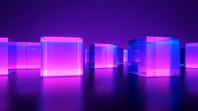 Futuristic tracking shot through glowing neon glass cubes