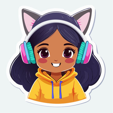 Cute Anime Girl with Cat Ears and Headphones