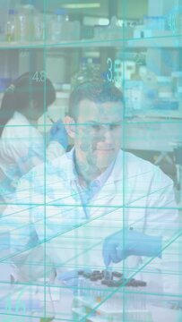 Vertical video: Lab tech checking rack, reaching pipette and preparing samples with blue overlay