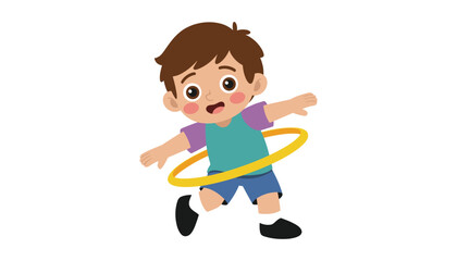 Fototapeta premium Cartoon boy playing with yellow hula hoop child vector illustration isolated on white background