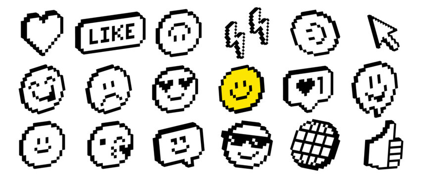 Pixel emoji UI icon pack in retro 8-bit style with expressive faces and interface elements. Reactions, cursor, heart, and system icons for apps, messaging, notifications, digital interfaces