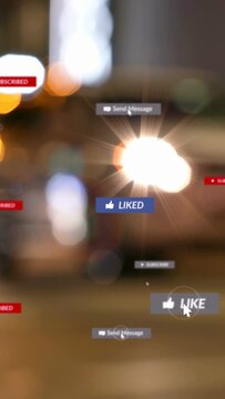 Vertical video: Headlight flare with floating UI badges, cursor tapping LIKE, showing engagement
