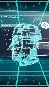 Vertical video: On start teal wireframe head rotating, tilting over holographic grid for data scan