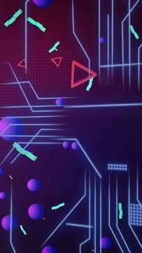 Vertical video: Circuit lines pulsing, neon spheres and plus-blocks moving inward, showing flow
