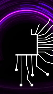 Vertical video: Small white node appearing, traces forming chip and radiating outward, showing AI