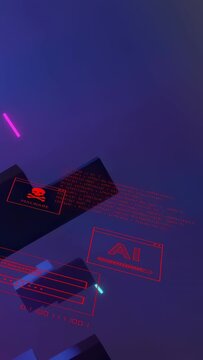 Vertical video: Cyan beam sparking panels sliding, L block anchoring scene, exposing malware