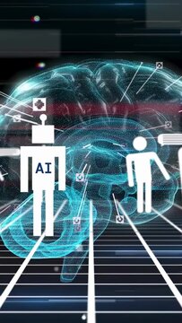 Vertical video: AI bot and human icons entering grid cyan brain rotating nodes pulsing for mapping