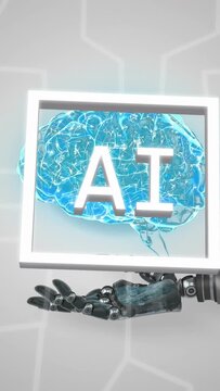 Vertical video: Frame entering causing robot hand holding holo brain, pulsing fading, revealing AI