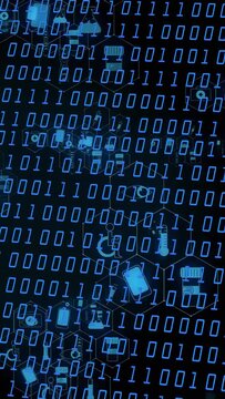 Vertical video: Binary matrix scrolling, icons forming links, pulsing and showing network activity