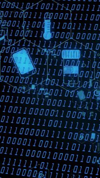 Vertical video: On diagonal scroll, binary grid revealing devices and linking nodes, showing flow