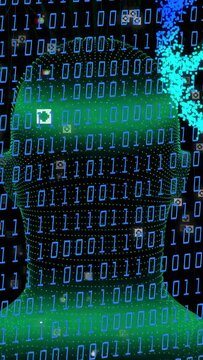 Vertical video: Teal stream entering right sparking green mesh head rotating pulsing showing binary
