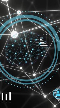 Vertical video: Wireframe brain animating on load nodes pulsing and gauges rising to show neural UI