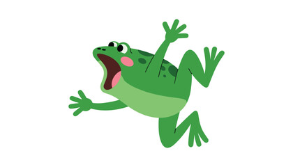 Fototapeta premium Cartoon green frog jumping with mouth open vector illustration isolated on white background.
