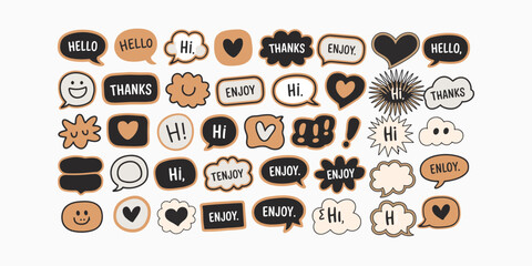 Cartoon speech bubbles with greetings and expressions hello thanks vector illustration isolated on white background. © Fahimaakter