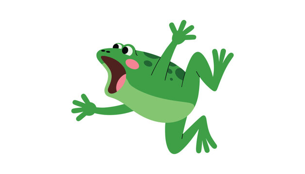 Cartoon green frog jumping with mouth open vector illustration isolated on white background.