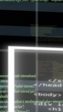Vertical video: Quick cam pan moving neon code stacks and 1-0 bits forming blocks showing data flow