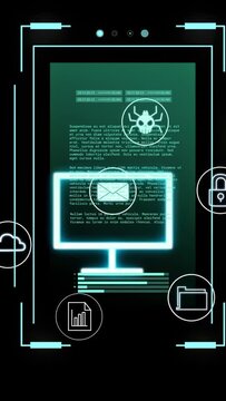 Vertical video: UI appearing, screen pulsing, icons floating, bars filling, showing security status