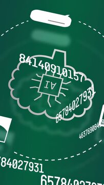 Vertical video: Tilted digits urging L morphing into cloud with AI chip, icons orbiting for merging