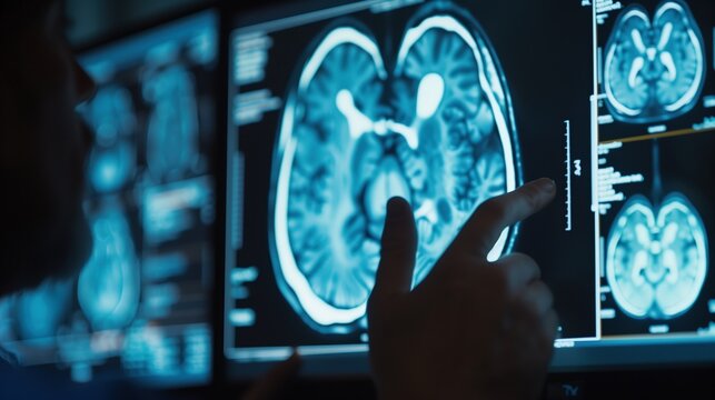 MRI scan of human kidneys showing nephrocalcinosis, calcium deposits glowing bright white against dark tissue, radiologist hands pointing at monitor screen in dark room