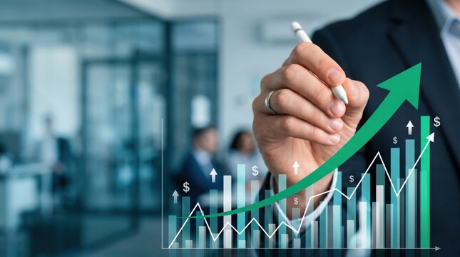 Close up of hand drawing green upward arrow on glass board over financial bar chart, symbolizing business growth, profit increase, and economic success strategy.