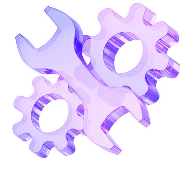 Glass hologram wrench and gears 3d icon. Iridescent transparent spanner with cog wheels and purple blue gradient. Repair, maintenance, technical service and mechanical engineering