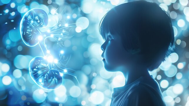 Symbolic concept art of rare kidney disease awareness, child silhouette with glowing kidneys visible through body, soft blue and white light rays, hope and medical science theme