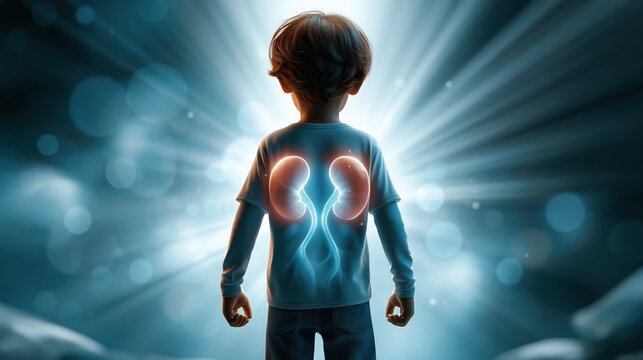 Symbolic concept art of rare kidney disease awareness, child silhouette with glowing kidneys visible through body, soft blue and white light rays, hope and medical science theme