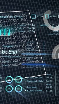 Vertical video: HUD loading syncing charts and tables animating rings and numbers for Asset Pricing