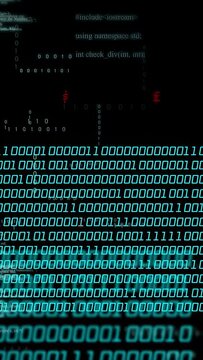 Vertical video: Teal digits sparking, forming sweeping binary bands, revealing source code for data