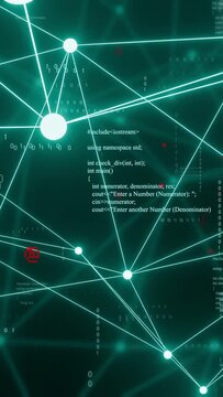Vertical video: Initial node cluster appearing, neon teal network shifting, visualizing code binary