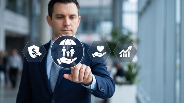 Businessman touching virtual screen with life insurance icons, family protection umbrella, heart health care, financial savings, and investment growth graph concept
