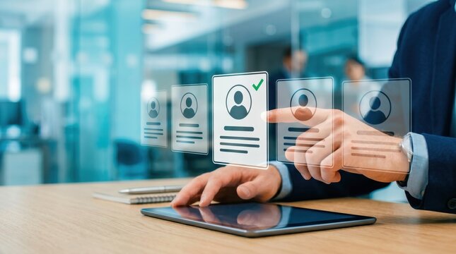 Human resources manager selecting candidate profile on digital tablet screen, recruitment process, hiring staff, employee management, virtual resume review, modern corporate