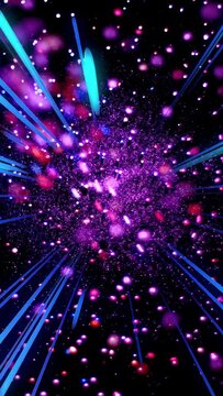 Vertical video: Core pulsing and expanding, emitting pink specks and cyan beams, showing motion