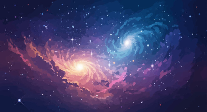 Two vibrant spiral galaxies illuminating a cosmic nebula with countless stars.