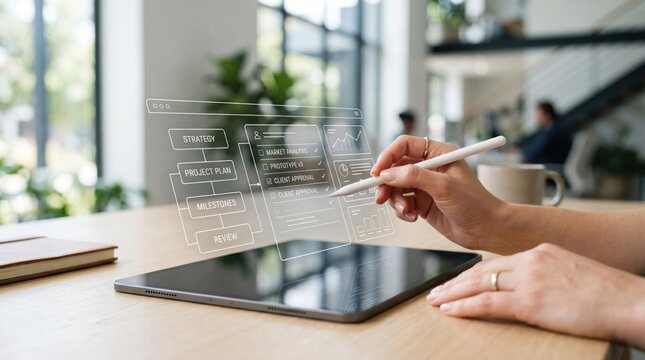 Woman hand using stylus on tablet with holographic project plan, strategy milestones review checklist, business management concept, digital interface technology, modern office