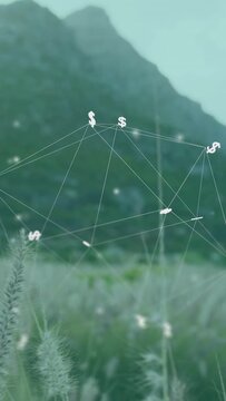 Vertical video: On start network forming, rerouting lines, lighting dollar nodes to map flow