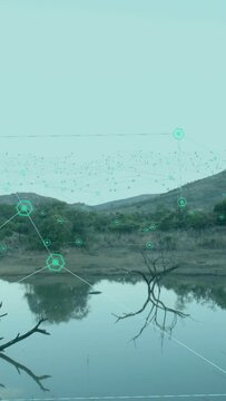 Vertical video: Pond reflecting tree as teal nodes appearing and projecting pins mapping data